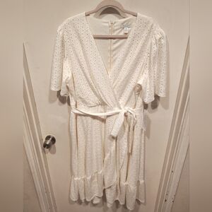 London Times NWT Women's Ivory Eyelet Ruffle Hem Faux Wrap Dress 18W Wedding